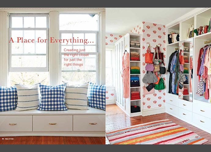 Open closet designed for Marie Kondo with window storage bench from California Closets