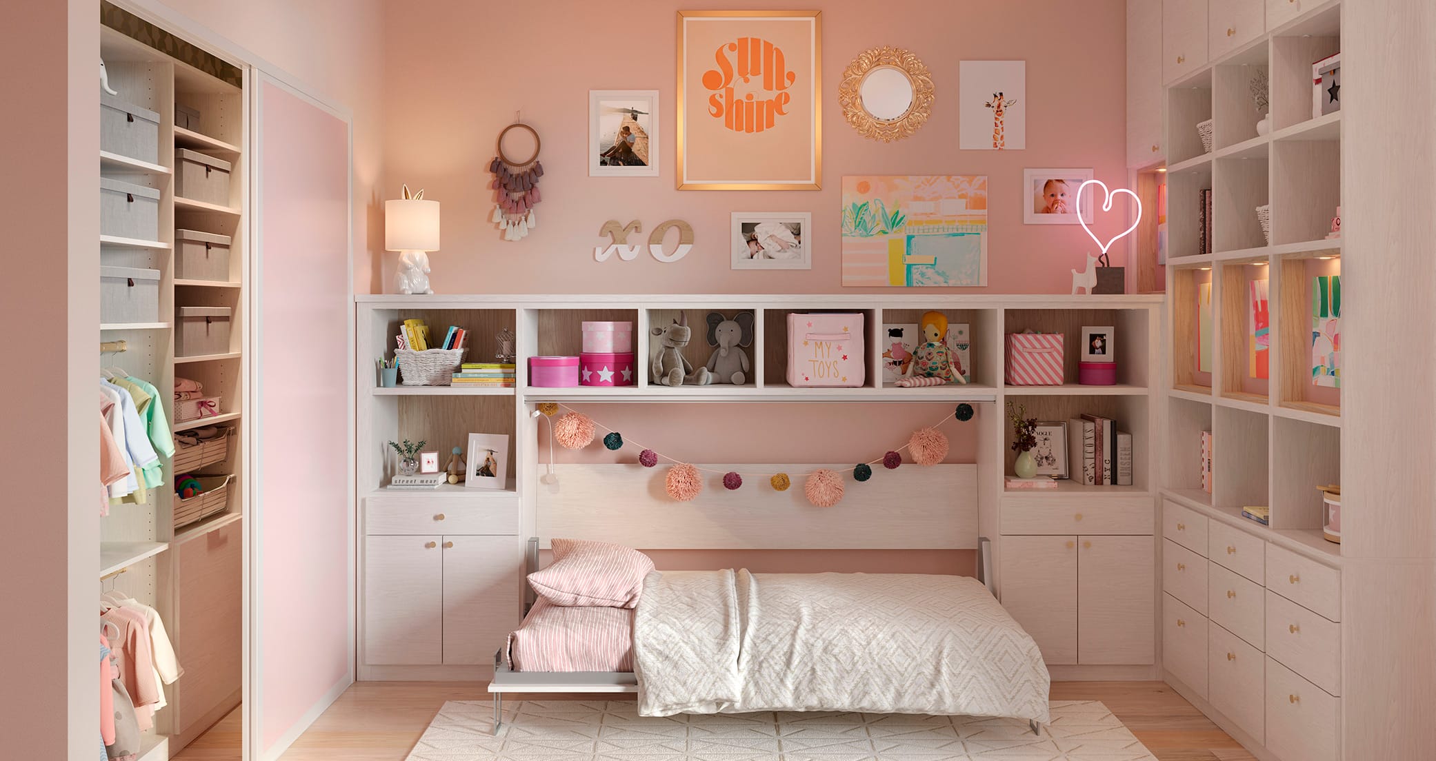 Kids twin murphy wall bed with custom storage cabinets and shelving built in by California Closets