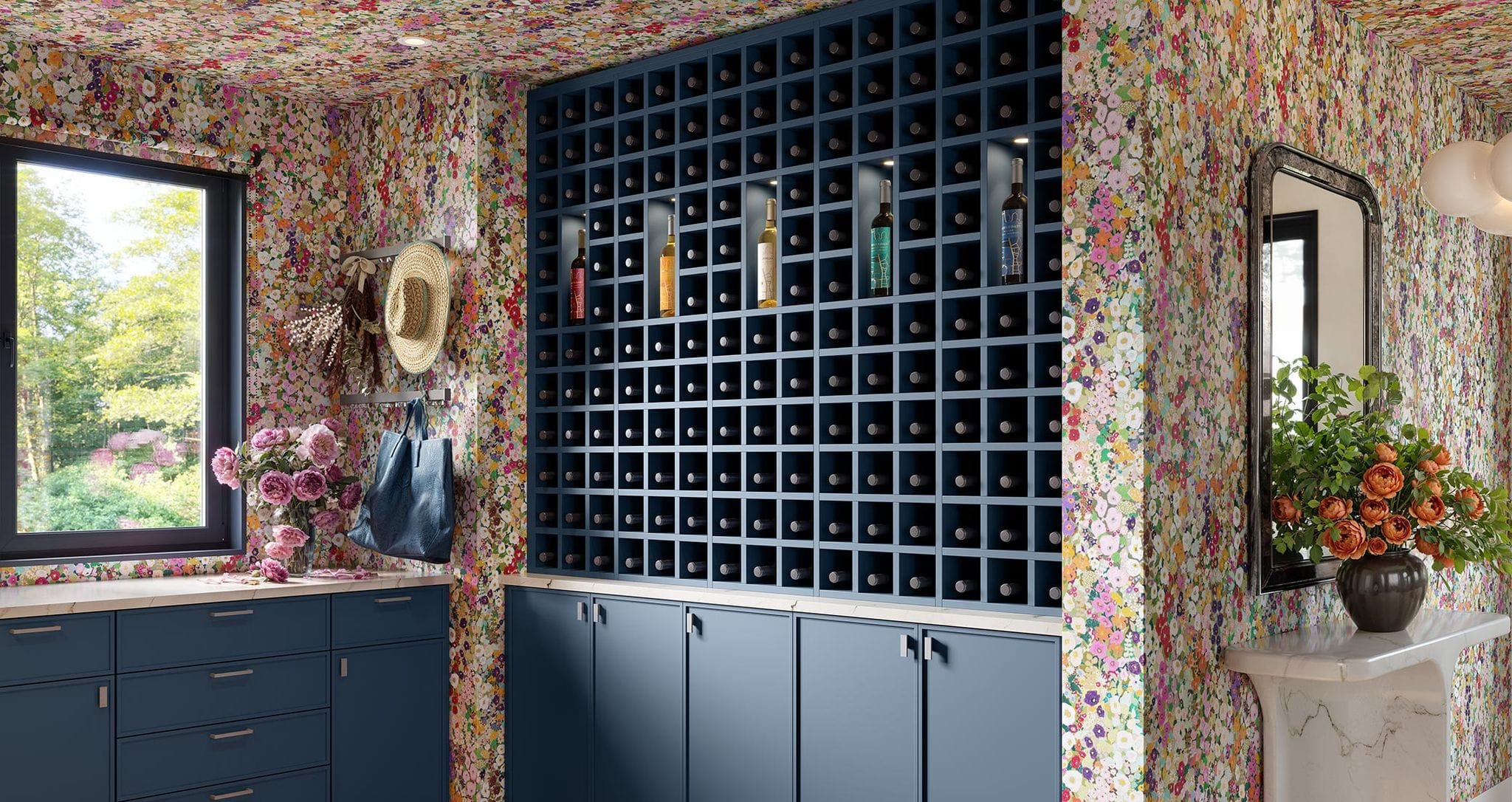 Colorful walk in bedroom closet design with open wardrobe and built in storage cabinets by California Closets