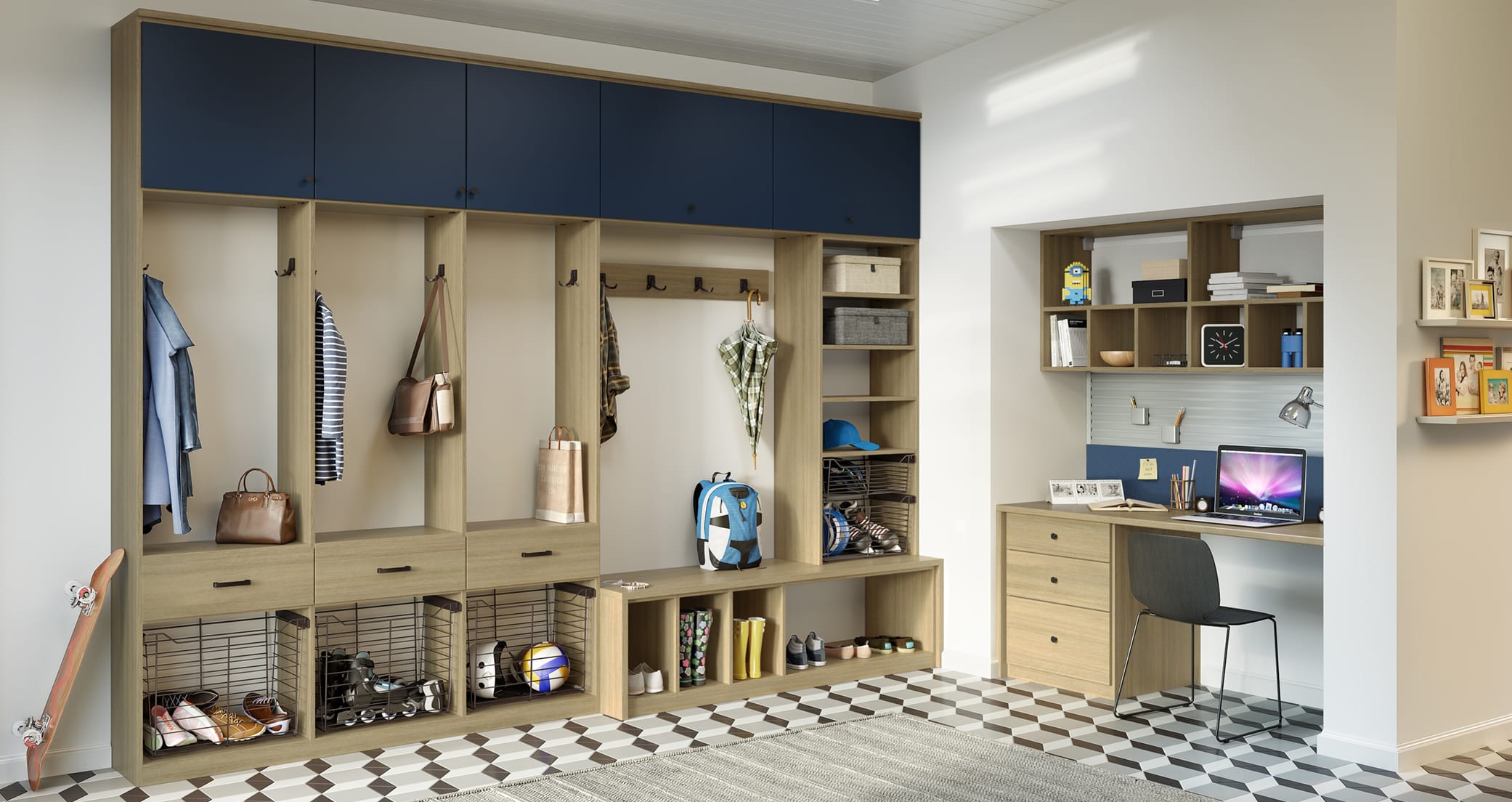 Mudroom design with open shelving, hooks, with shelf and office desk created by California Closets
