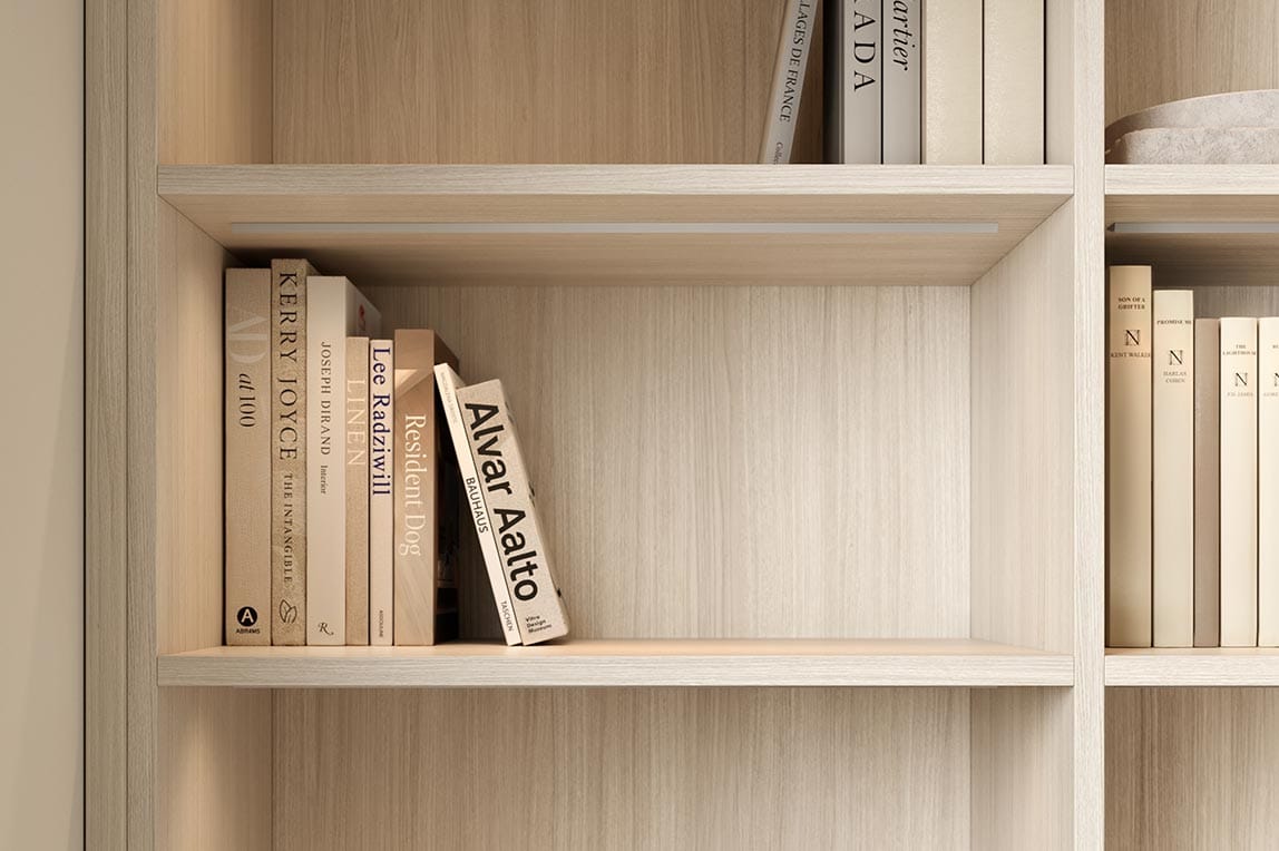 Library bookshelves custom build details ribbon lighting light finish by California Closets