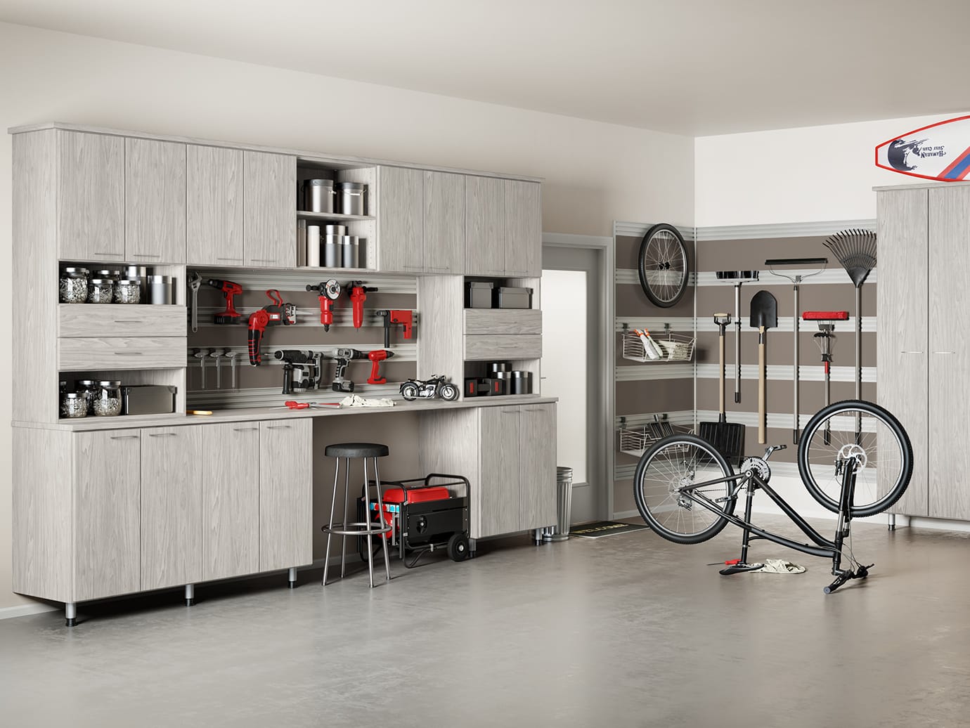 Custom mudroom to garage storage solutions to hold everything with cabinets, fusion wall track and shoe shelves by California Closets