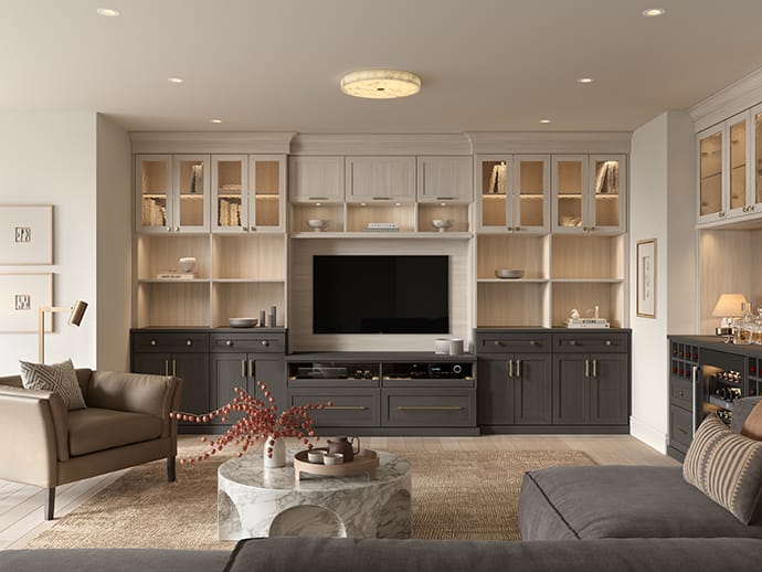 Living room with custom suite hardware, cabinets, shelving, lighting designed by California Closets