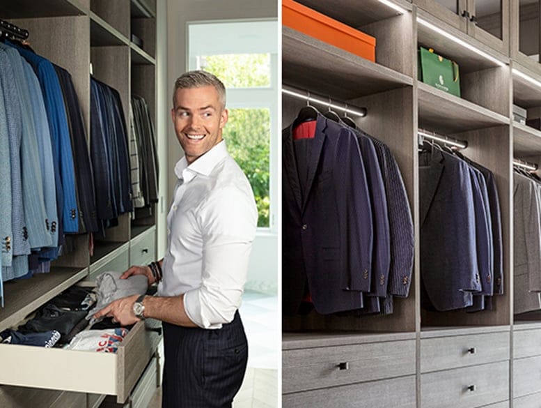 Ryan Serhant's walk in closet designed with custom cabinets, drawers, LED lighting and extra hanging space by California Closets