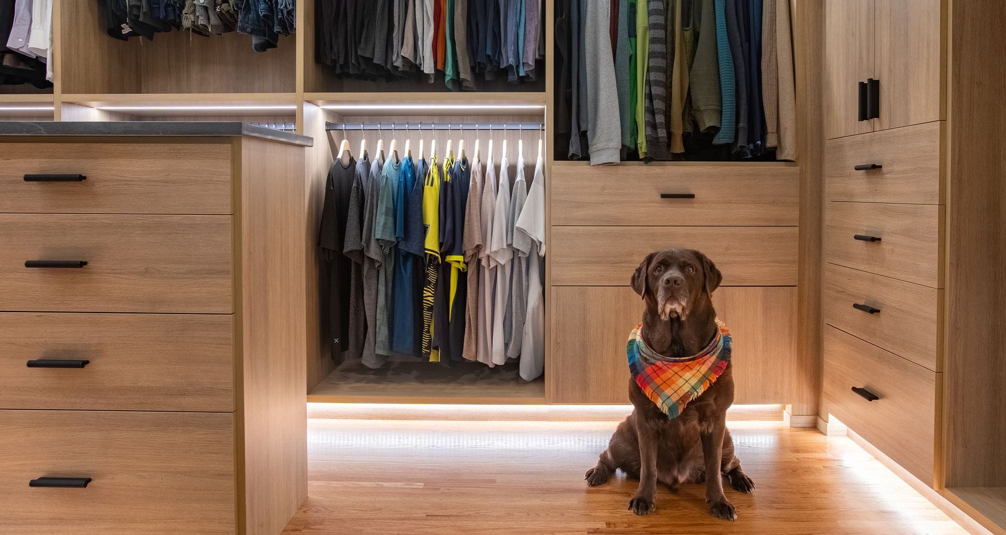 Walk-in closet custom storage LED lighting natural woodgrain finish, designed and created by California Closets