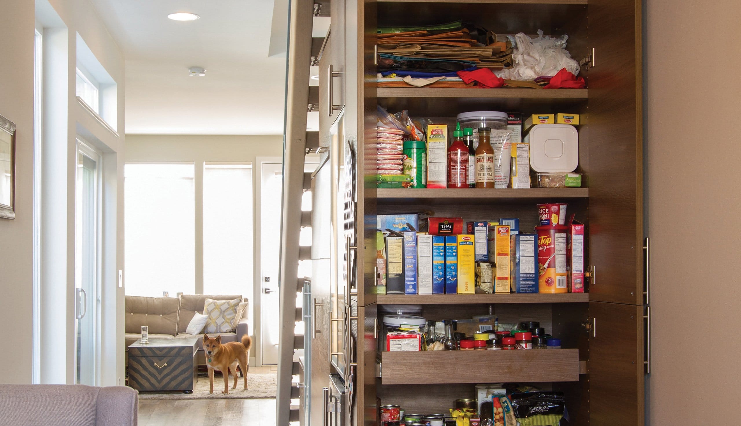 Pantry storage added beneath small space stairway in dark wood by California Closets